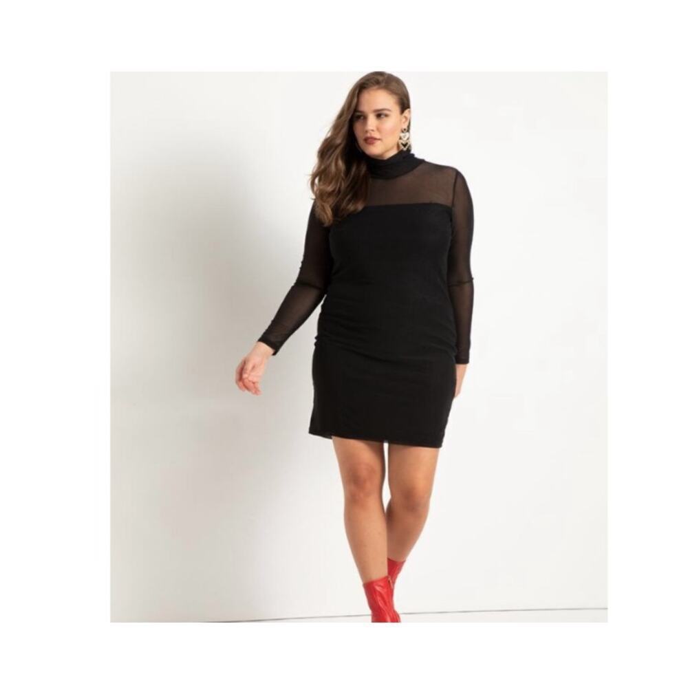 Eloquii Black Mock Neck Sheer Sleeve Dress Size 22